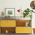 Yellow Entryway Side Cabinet With Drawers Open Shelves Potted Plant Table Lamp Books Artwork