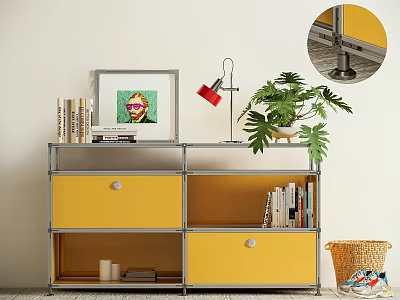 Yellow Entryway Side Cabinet With Drawers Open Shelves Potted Plant Table Lamp Books Artwork 3d model