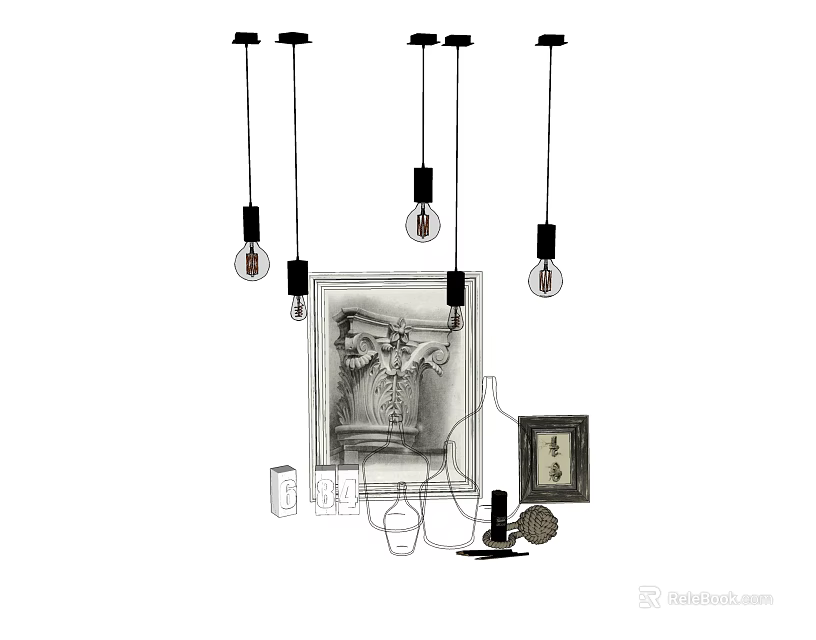 Stylish Decorative Ornament Combination With Pendant Lights Picture Frame Vase And Glass Cups 3d model 
