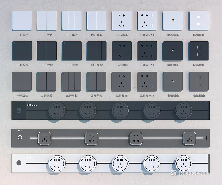 Modern Switch Panels With Single Double Control Sockets In White Black Grey Colors 3d model 