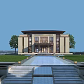 Modern Sales Office Building Featuring Symmetrical Stone Facade Front Lawn Steps And Trees 3d model