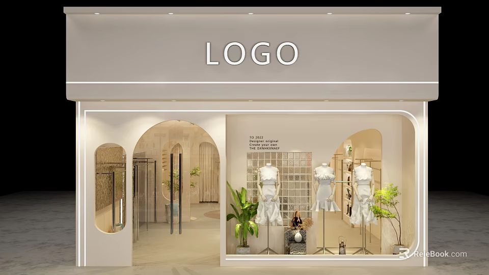Modern Clothing Store Window Display With White Outfit Mannequins Green Plants And Lighting 3d model 