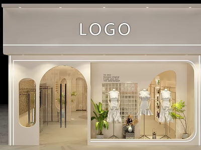 Modern Clothing Store Window Display With White Outfit Mannequins Green Plants And Lighting 3d model