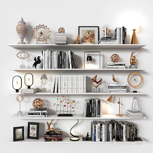 Elegant Modern Decorative Ornaments And Figurines Set With Books Lamps Photo Frames On White Shelves 3d model 
