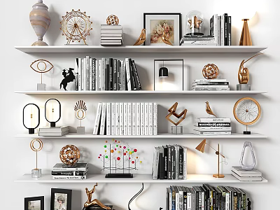 Elegant Modern Decorative Ornaments And Figurines Set With Books Lamps Photo Frames On White Shelves 3d model