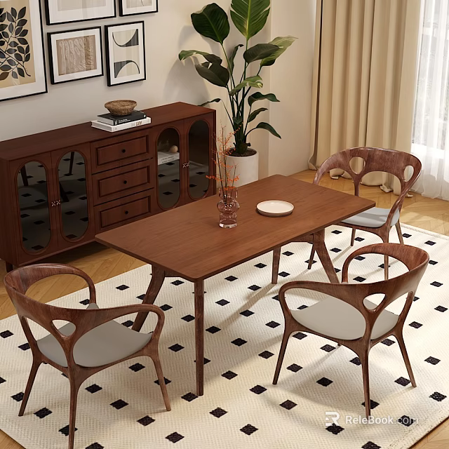Modern Wooden Dining Table And Chairs In Living Room With Rug And Plant 3d model 