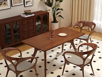Modern Wooden Dining Table And Chairs In Living Room With Rug And Plant 3d model
