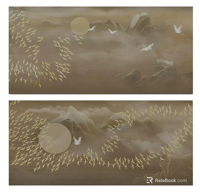 Elegant Abstract Painting Featuring Golden Flying Birds Moon And Mountain Clouds 3d model 