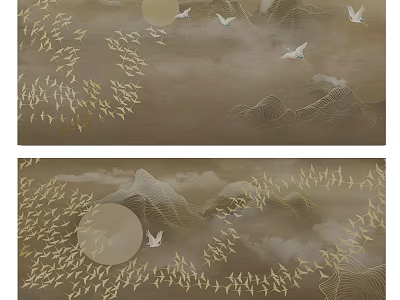 Elegant Abstract Painting Featuring Golden Flying Birds Moon And Mountain Clouds 3d model