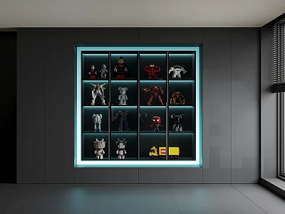 Modern Display Cabinet With Blue Lighting And Robot Models On Glass Shelves 3d model