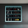 Modern Display Cabinet With Blue Lighting And Robot Models On Glass Shelves