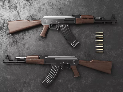 Military Rifles with Wooden Stocks and Magazines Alongside Bullets on Dark Textured Surface 3d model