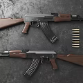 Military Rifles with Wooden Stocks and Magazines Alongside Bullets on Dark Textured Surface