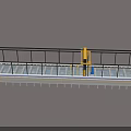 Industrial Factory Building Structure With Elongated Continuous Platform Yellow Machinery And Safety Railing