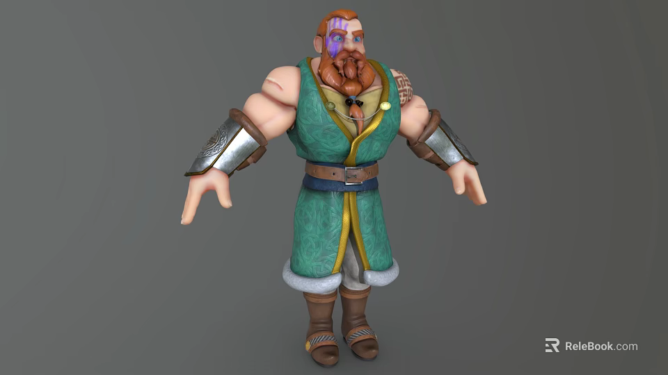 Muscular Game Movie Character With Red Beard Green Robe Brown Belt And Silver Armored Cuffs 3d model 