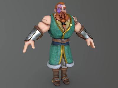 Muscular Game Movie Character With Red Beard Green Robe Brown Belt And Silver Armored Cuffs 3d model