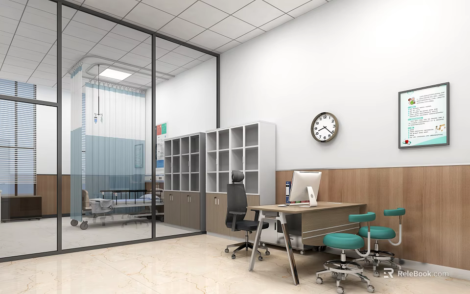 Medical Treatment Room Interior With Glass Partition Bed Desk And Shelves 3d model 
