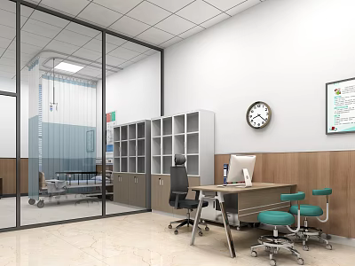 Medical Treatment Room Interior With Glass Partition Bed Desk And Shelves 3d model