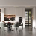 Modern Dining Area Interior With Round Table Gray Chairs Pendant Light And Cabinets 3d model