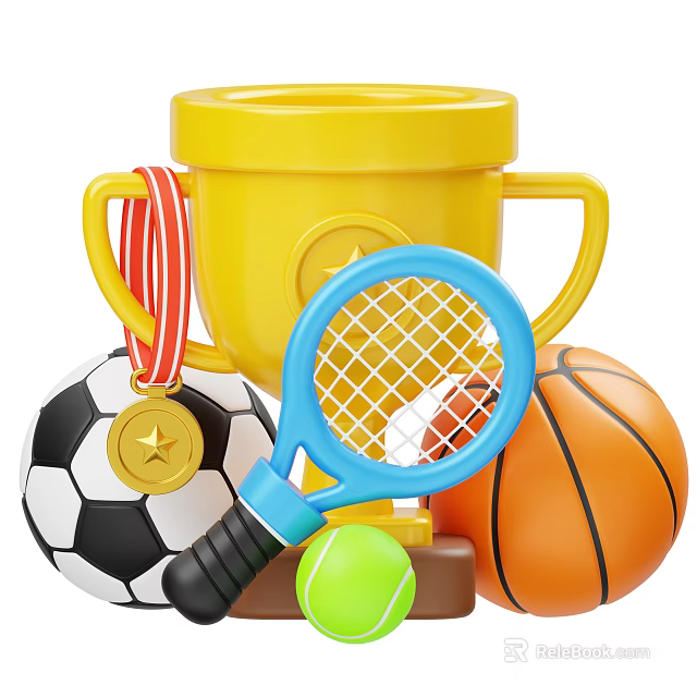 Sports Equipment Collection Including Trophy Soccer Ball Tennis Racket Basketball And Tennis Ball 3d model 