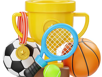 Sports Equipment Collection Including Trophy Soccer Ball Tennis Racket Basketball And Tennis Ball 3d model
