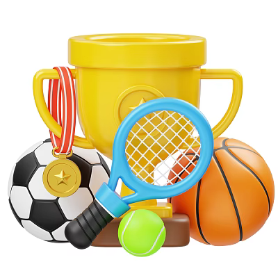 Sports Equipment Collection Including Trophy Soccer Ball Tennis Racket Basketball And Tennis Ball 3d model