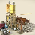 Industrial Factory With Rusty Concrete Silos Crane Gravel Trucks And Equipment
