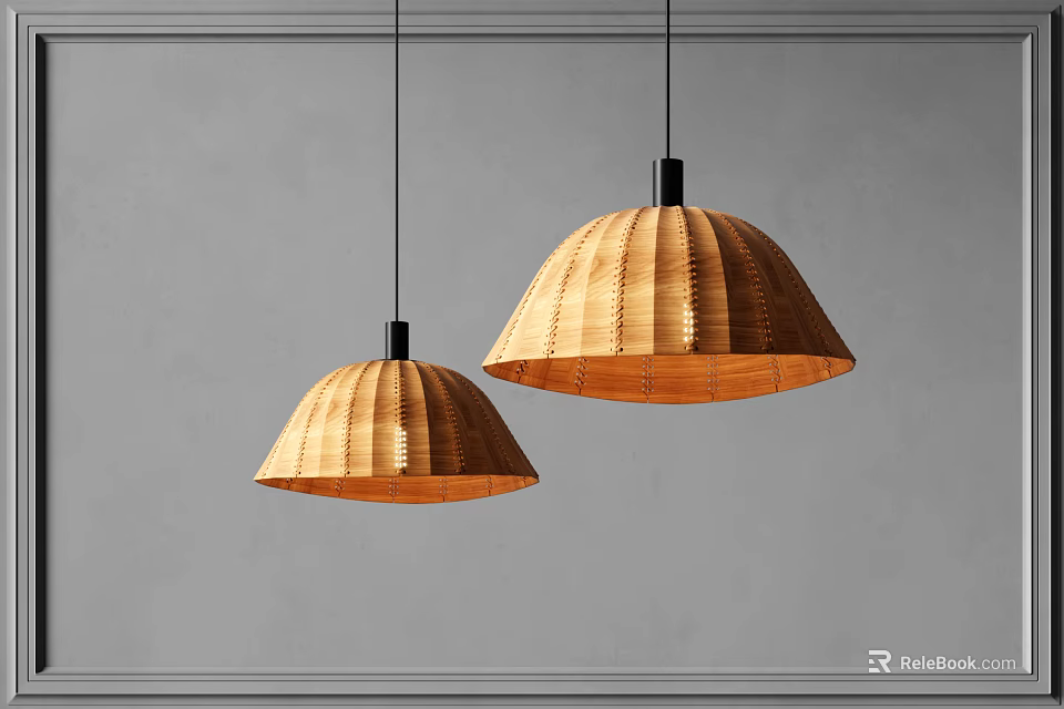 Two Wicker Dome Shaped Pendant Lights With Woven Texture Black Base On Gray Minimalist Wall 3d model 