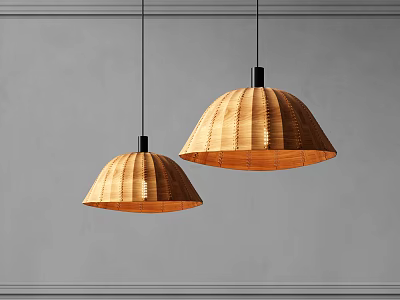 Two Wicker Dome Shaped Pendant Lights With Woven Texture Black Base On Gray Minimalist Wall 3d model