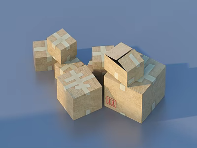 Household Items Storage Cardboard Boxes With Cross Tape Open Top And Red Stamp 3d model