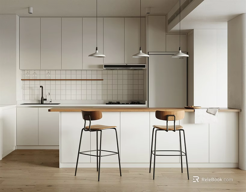 Modern Minimalist Kitchen Interior Design With White Cabinets Island Bar Stools And Pendant Lights 3d model 