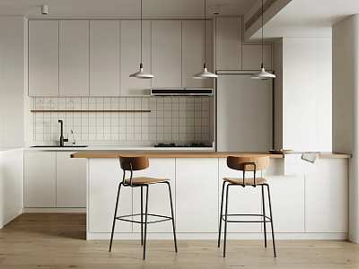 Modern Minimalist Kitchen Interior Design With White Cabinets Island Bar Stools And Pendant Lights 3d model