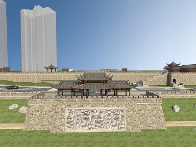 Traditional Ancient Chinese Architecture with Pavilions Stone Walls Dragon Carvings and Modern High Rises 3d model