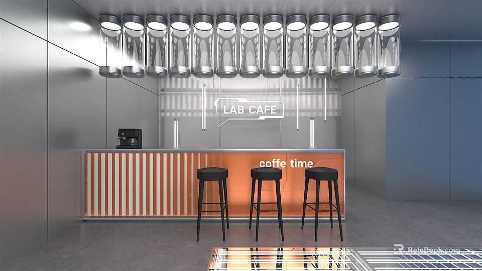 LAB Cafe Front Counter With Coffee Machine Black Bar Stools And Row Of Lights 3d model 