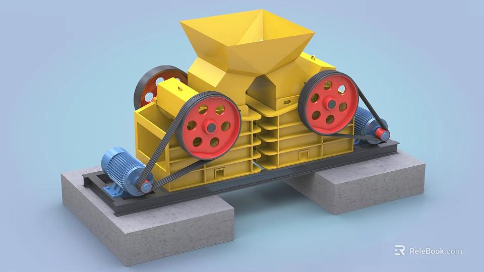 Yellow Industrial Crusher Machine With Red Wheels Blue Motor And Concrete Base 3d model 