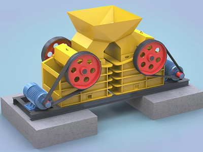 Yellow Industrial Crusher Machine With Red Wheels Blue Motor And Concrete Base 3d model