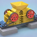 Yellow Industrial Crusher Machine With Red Wheels Blue Motor And Concrete Base