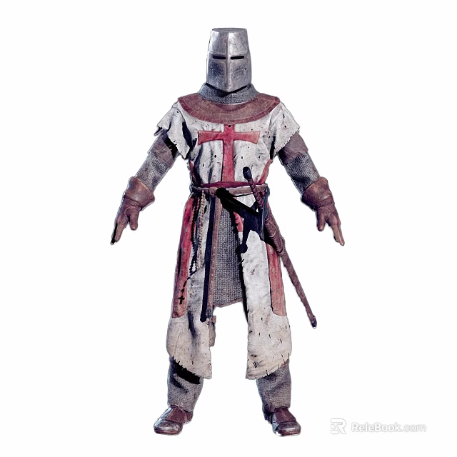 Medieval Game Movie Character in White Robe With Red Cross and Chainmail Armor 3d model 
