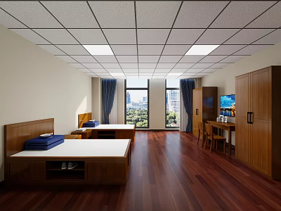 Dormitory Room Interior With Two Beds Wooden Flooring Windows Curtains Wardrobe And Desk Chair 3d model