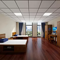 Dormitory Room Interior With Two Beds Wooden Flooring Windows Curtains Wardrobe And Desk Chair