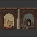 Classic Wooden Arched Doorway Structure With Ornate Decorative Panels And Vintage Furniture