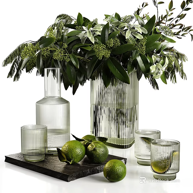 Decorative Ornament Set With Transparent Glass Vases Green Foliage Glass Cups Limes And Black Tray 3d model 