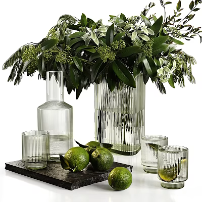 Decorative Ornament Set With Transparent Glass Vases Green Foliage Glass Cups Limes And Black Tray 3d model