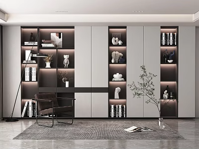 Modern Bookcase Interior With Illuminated Shelves Books Decorative Ornaments Chair And Rug 3d model