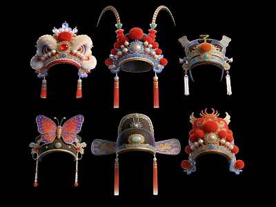 Chinese Traditional Opera Hanging Ornaments With Diverse Designs Red Tassels And Intricate Decorations 3d model