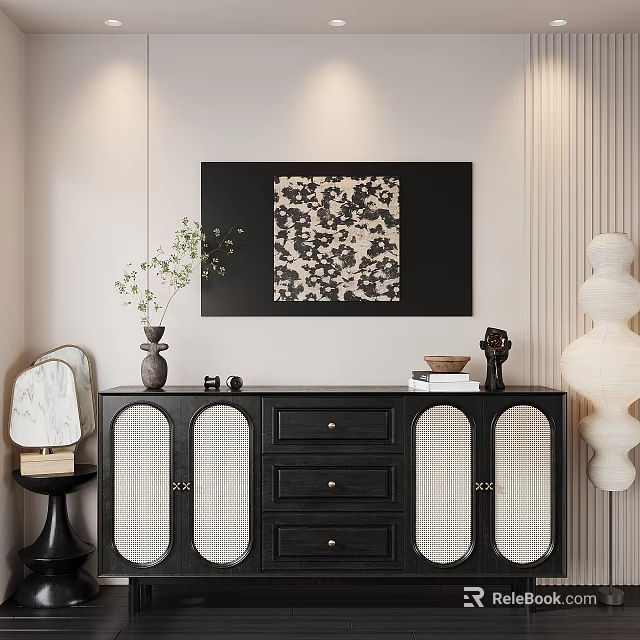 Stylish Entryway Cabinet And Sideboard With Grille Doors Black Finish Decorative Painting Vase Sculpture 3d model 