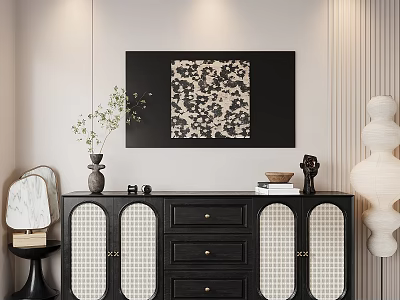 Stylish Entryway Cabinet And Sideboard With Grille Doors Black Finish Decorative Painting Vase Sculpture 3d model