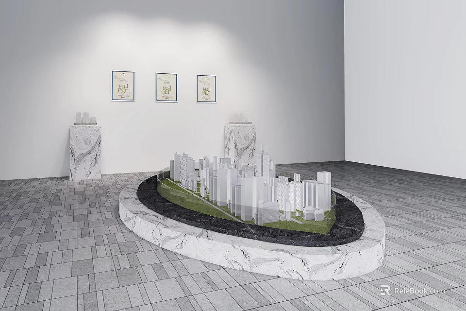 Commercial Exhibition Equipment With Circular Marble Display Stand Featuring City Model And Wall Art 3d model 