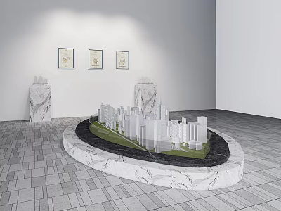 Commercial Exhibition Equipment With Circular Marble Display Stand Featuring City Model And Wall Art 3d model