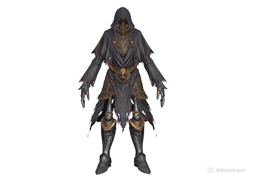Hooded Skeleton Warrior As Mystical Undead Creature With Black Tattered Robe And Golden Accents 3d model 